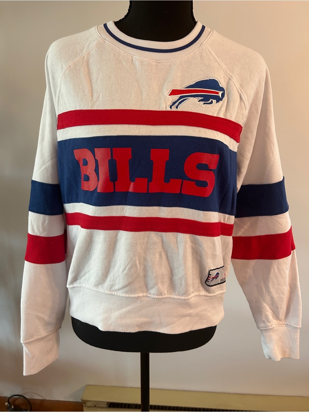 Buffalo Bills White Crewneck Pullover with Red & Blue Patch
